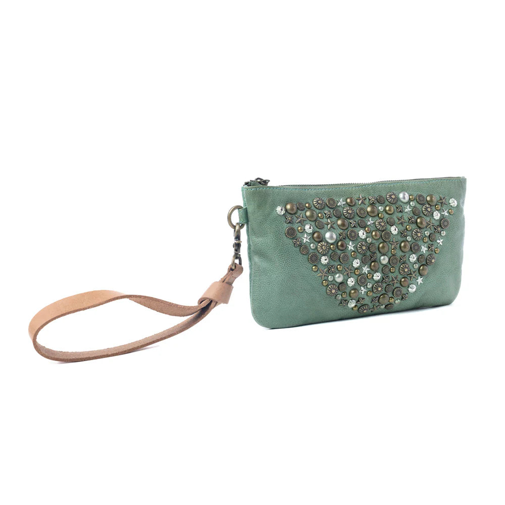 Nova Point Studded Wash Leather Pouch in Turquoise