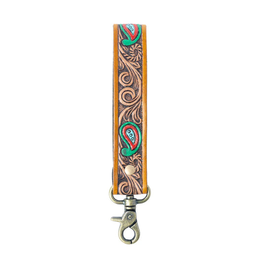 Emerald Ember Hand tooled Leather Key fob in Desert Green