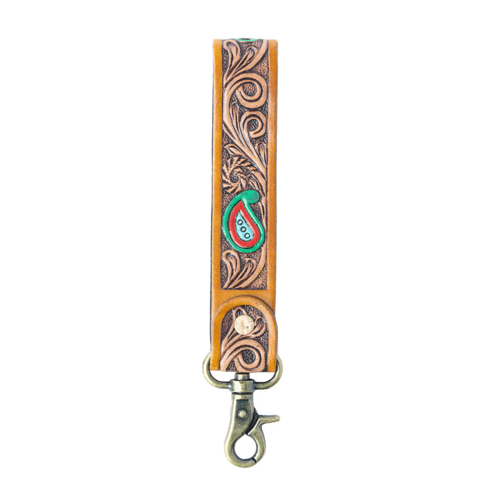 Emerald Ember Hand tooled Leather Key fob in Desert Green