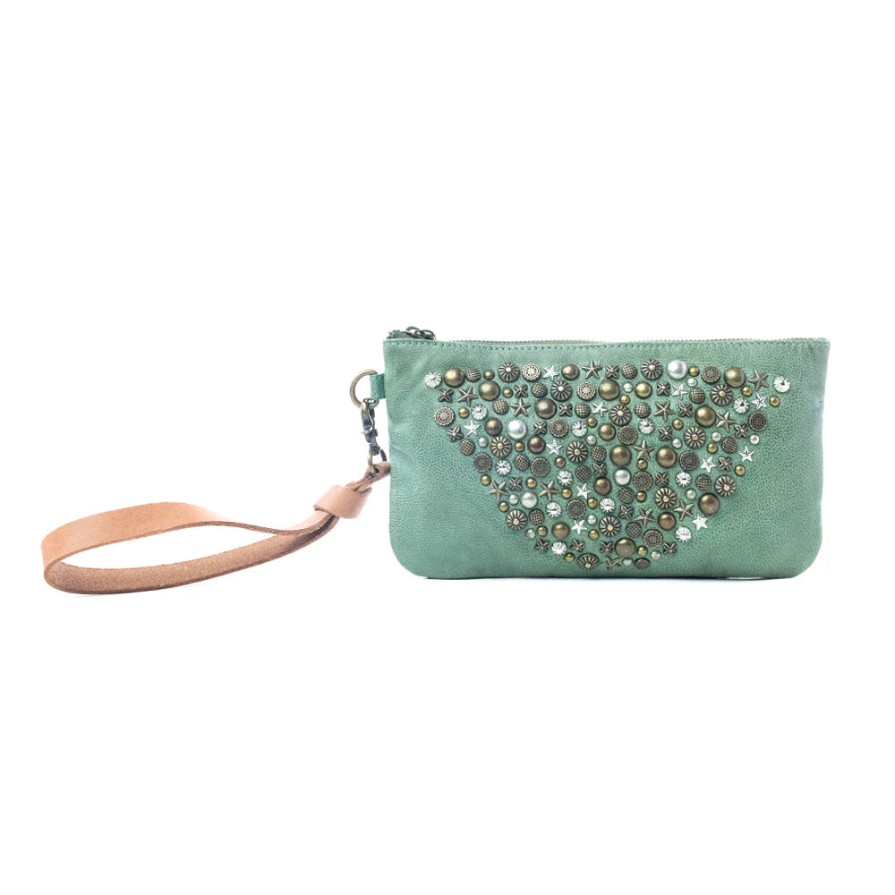 Nova Point Studded Wash Leather Pouch in Turquoise
