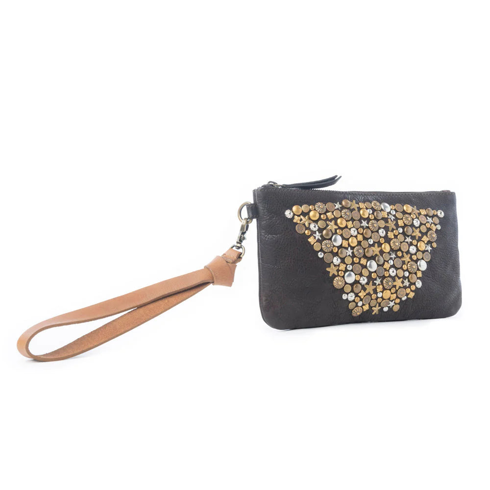 Nova Point Studded Wash Leather Pouch in Black